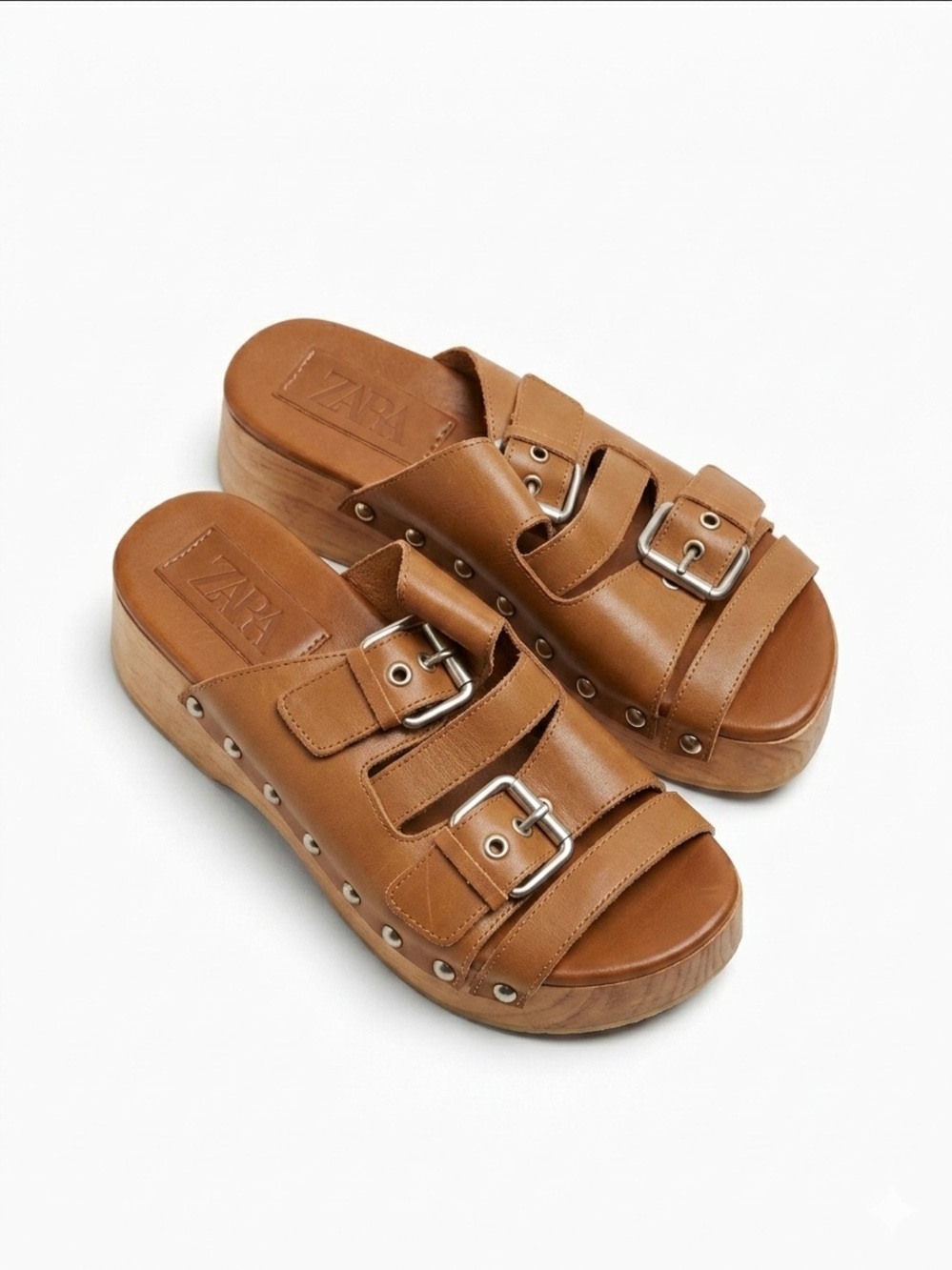 Zara Brown Leather Triple-Buckle Platform Mules - size 41